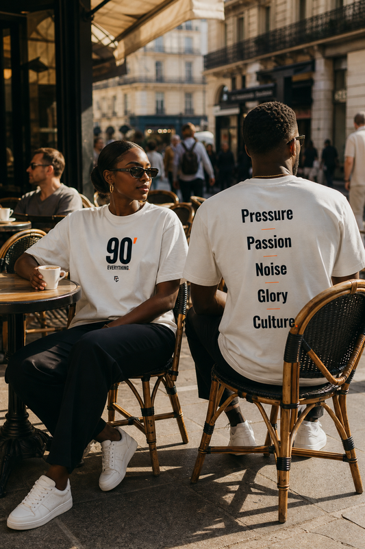 Two people sitting at an outdoor cafe table, wearing matching white graphic t-shirts. The woman's shirt features a black "90' EVERYTHING" graphic with orange and blue accents, while the man's shirt has 'Pressure Passion Noise Glory Culture' printed in black across the back.