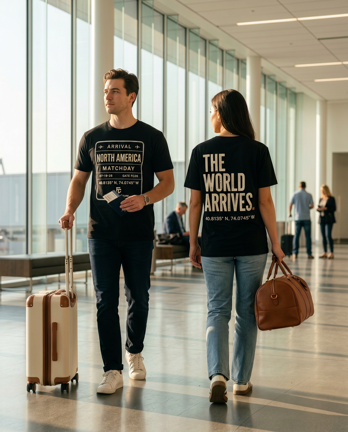 A man and a woman walk through a modern airport terminal. The man wears a black graphic T-shirt with 'NORTH AMERICA MATCHDAY' text  for the World Cup. the back of the woman's t shirt says "THE WORLD ARRIVES" text