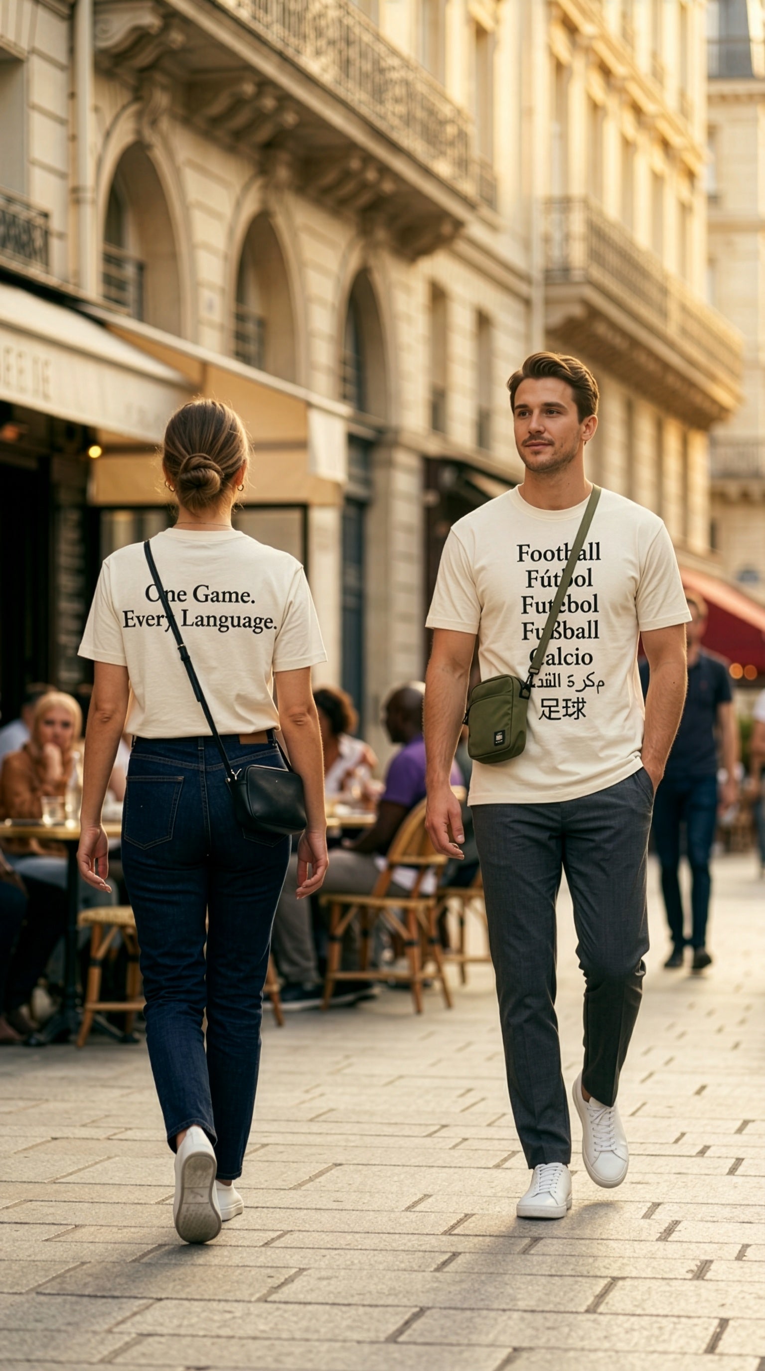 Man and woman walking down a cobble stone street. The man is wearing an off white t shirt with the word football in many languages on the front. The woman is wearing a cream color t shirt with "One Game. Every Language" on the back. 